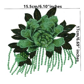 4 Pieces Peonies Sewing Patches Flowers Embroidered Appliques with Tassel Lace Fringe for Garment Trimming Shoes Jeans Clothes Embelishments (Green)