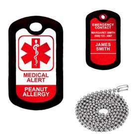 Red Medical Alert - Peanut Allergy - Customized Aluminum Medical ID Tag with 24" Stainless Steel Necklace - Made in USA