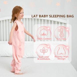 LAT Baby Sleeping Bag with Feet, 0.5 Tog, 100% Cotton Baby Summer Sleeping Bag, Soft and Breathable Baby Sleeping Bag with Legs and Pockets for Children, Pink Dinosaur, S