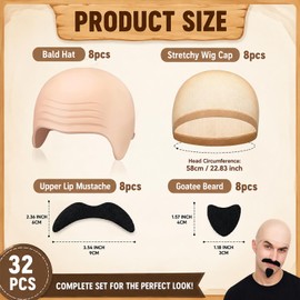 24 Pcs Bald Cap with Mustache Bald Wig Cap Halloween Party Costume Accessories for Men Women Adults