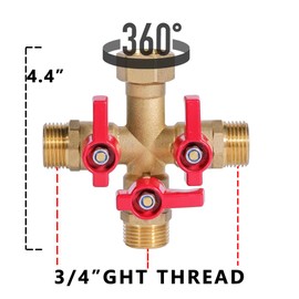 HQMPC Garden Hose Splitter Brass Hose Splitter With Stainless Steel Long Handle Brass Y Valve Water Garden Hose Adapter 3 Way Y Valve 3/4" GHT Thread Red Handle