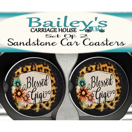 Blessed Gigi (SET OF 2) Sandstone Car Coasters-Black Quote-On a Leopard, Flowers and Glitter Background-Absorbent Car Coasters