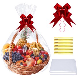 AWCIGG® Pack of 10 Large Gift Wrap Clear Cellophane Bags, 70 x 95 cm Cellophane Gift Bags with 10 Bows and Twist Ties for Gift Baskets, Wicker Baskets, Christmas Baskets, Flowers, Clothing