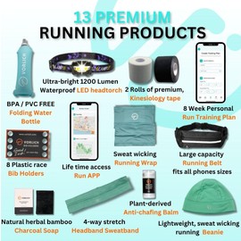 Vorlich® Running Gift Box – 13 Essential Items for Runners for Runners Female & Men – Includes Running Belt, Anti-Chafing Balm, LED Headtorch, Folding Water Bottle & More - (Aqua)