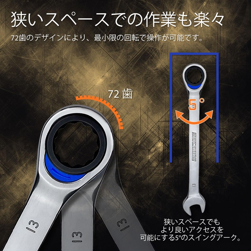 IRONCUBE Ratchet Combination Wrench Set, 5 Piece, Metric, 10-15mm, CR-V