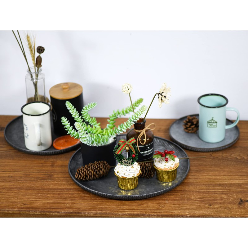 Funerom Round Galvanized Metal Tray Decorative Tray Corrugated Edges (12.6