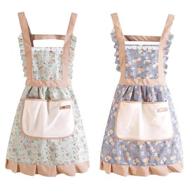 JazRvr Pack of 2 Aprons, Cooking Apron for Women, Kitchen Apron Mum, Adjustable Aprons for Cooking, Baking, Restaurant, Cafe, Home, Made of Cotton Polyester Material, Green and Blue