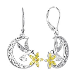 YL Hummingbird Earrings Sterling Silver Celtic Moon Flowers Dangle Drop Earrings Birthstone Leverback Jewelry for Women, Metal, Topaz