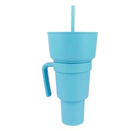 Stadium Tumbler with Snack Bowl 2 In 1 Beverage Cup Top Snack Bowl for Movie Leakproof Snack Tumbler with Straw Portable Reusable Snack and Drink Cup for Home Travel (Light Blue)