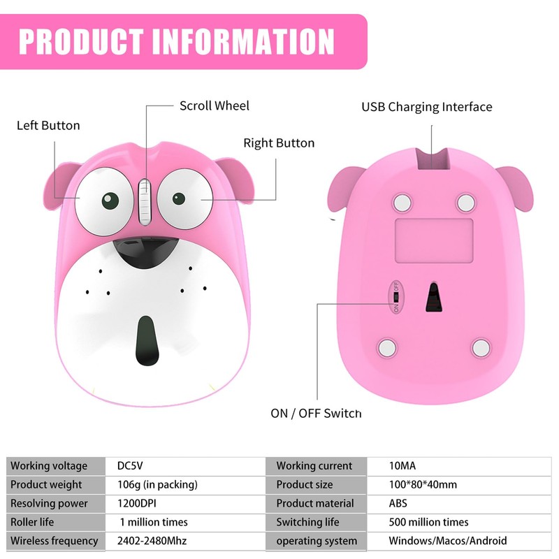 3C Light 2.4GHz Wireless Mouse Cute Animal Dog Shape Cordless