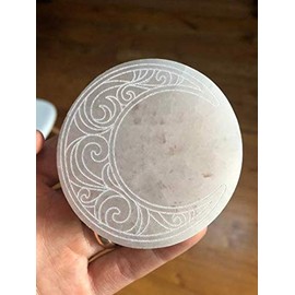 CrystalsAhoy Ethically Mined, Locally Etched 3" Selenite charging plate etched with crescent moon design, Ethically Sourced Selenite Etched in the USA
