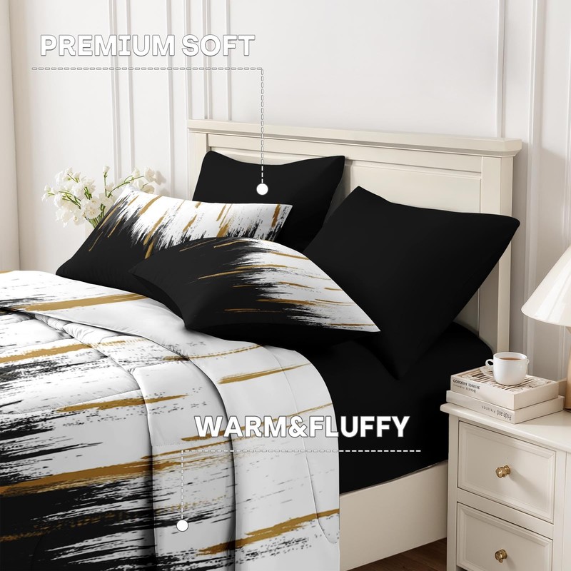 Nesker Comforter Set Queen Size, Black Gold White 7 Pcs