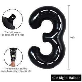 TONIFUL Race Car Black Balloons Car Birthday Party Supplies,40 Inch Giant Jumbo Helium Foil Mylar Big Number 3 Digital 3 Balloons for Boy's Birthday Party Truck Race Car Theme Party Decorations