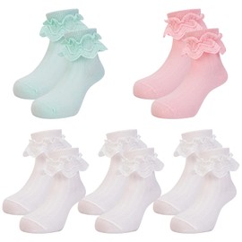 QKURT 5 Pairs Girls Frilly Ruffled Lace Socks, Kids School Ballet Training Ankle Socks Infant Cotton Colourful Lace Socks Cute Princess Ankle Socks for 0-5 Years Old