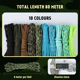 Cozary 10 Colours 19 ft/6 m Paracord 4 mm, Paracord Set 7 Core Strands Nylon Rope, Holds up to 250 kg, Ideal for Outdoor Survival Camping Crafts Bracelet Dog Lead, Total Length 196 ft