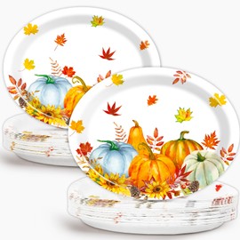 50PCS Fall Oval Paper Plates Large 11” Disposable Autumn Party Decorations Thanksgiving Supplies Favor for Pumpkins Theme Party Platters Maple Leaf Heavy Duty Dish Gathering Dinner Party Tableware Set
