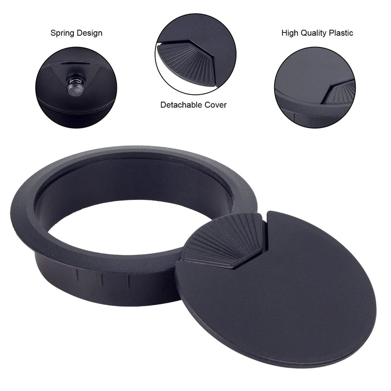 8 Pack 80mm Plastic Desk Cable Grommets, Black Wire Organizer