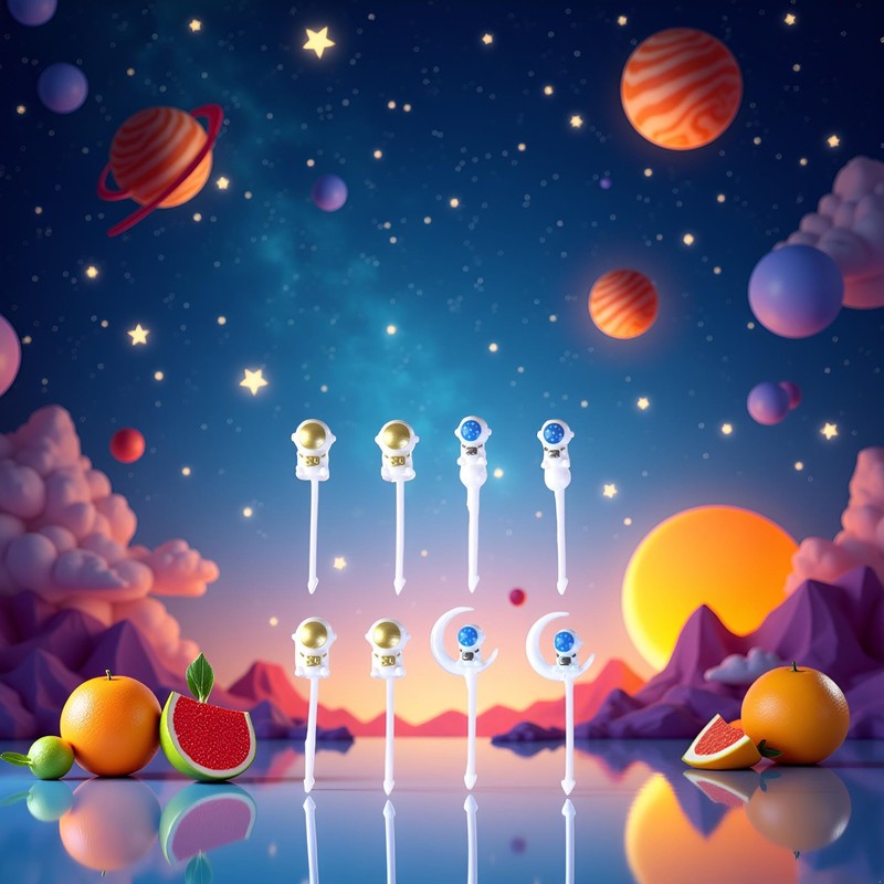 8pcs Blue and Gold Astronaut Fruit Fork for Kids, Fun