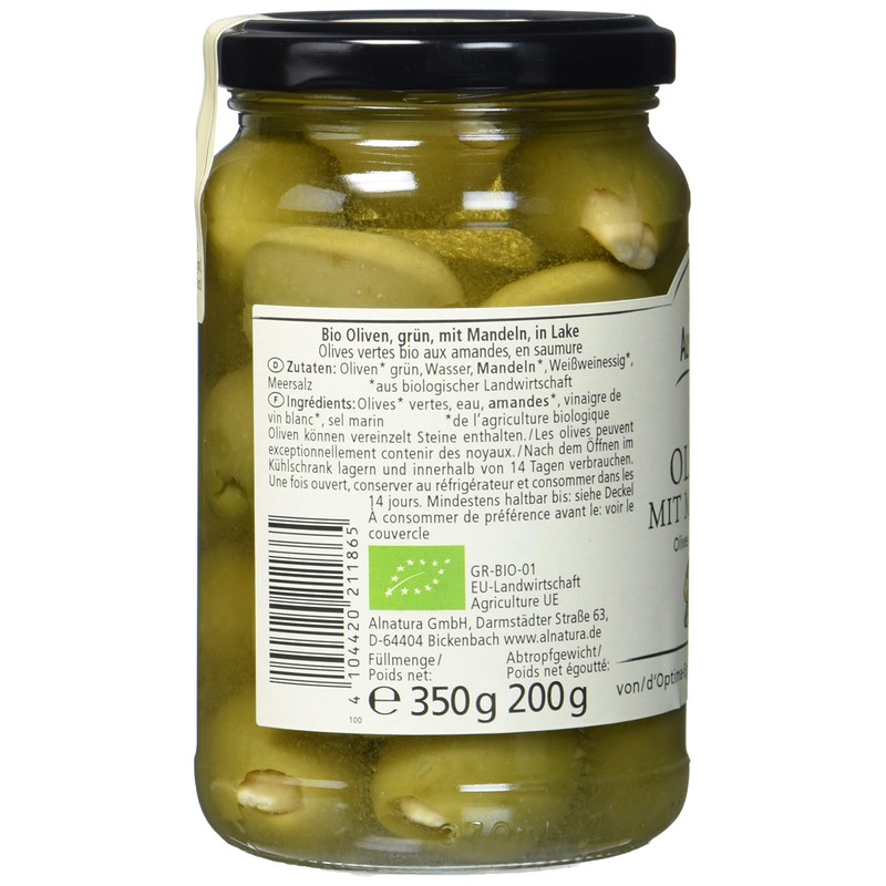 Alnatura Green Olives with Almonds Organic, 350 g (Draining Weight