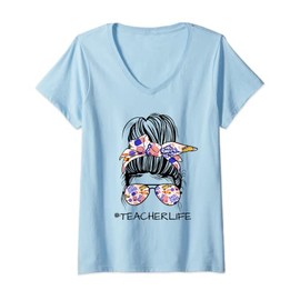 Womens Teacher Life Messy Bun Back To School Supplies Sunglasses V-Neck T-Shirt