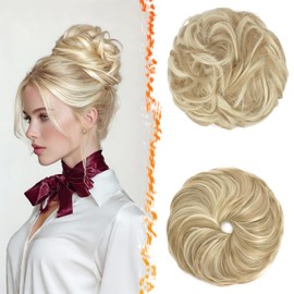 BARSDAR 2 PCS Messy Bun Hair Pieces, Elastic Blonde Messy Hair Bun Scrunchies Extensions for Women Synthetic Thick Fluffy Updo Chignons Hairpieces - Light Ash Brown & Bleach Blonde