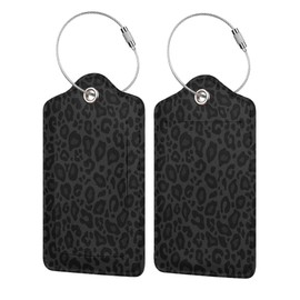 BLOCIT 2 Pack PU Leather Luggage Tags with Privacy Cover Stainless Steel Loop ID Labels for Suitcases Travel Bags (Luxury Black Grey Leopard)