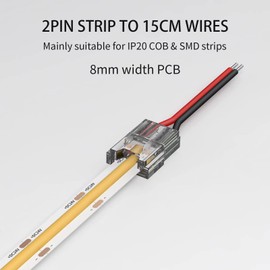 VISDOLL 20 Pack COB LED Connectors, Single-Ended Extension Cable 15CM Solderless Pin Header 2Pin 8mm Transparent PC Low Voltage Single Color Light Strip Cable, Suitable for DIY COB/SMD Light Strips