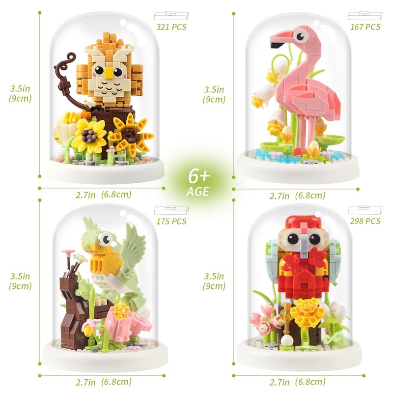 Insgen 4 Bird & Flower Micro Brick Model Sets with