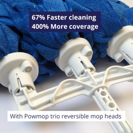 Powmop Trio Floor Mop Set 3 x Microfibre Heads + Adapter - Professional Mop for Dry & Wet Cleaning - 3 x Faster Cleaning - Compatible with Professional Handles with Hole