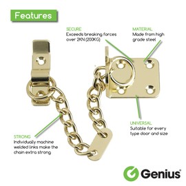 Genius® Door Chain Polished Brass, Narrow Design Door Limiter, External and Internal Door Restrictor for Wooden and UPVC Doors, Additional Front Door Security (Polished Brass)