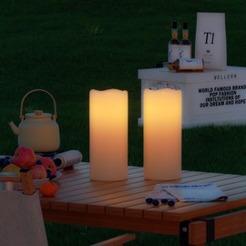 GenSwin 8” x 4” Waterproof Outdoor Flameless Candles Battery Operated with Remote Timer, Large Flickering LED Pillar Candles for Indoor Outdoor Lanterns, Won’t melt, Long-Lasting(White, Set of 2)