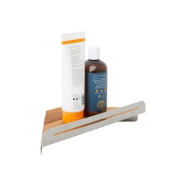 Seachrome Corner Shower Shelf in a Satin Finish with a Natural Teak Wood Insert