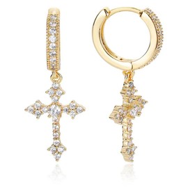 Silver Gold Cross Earrings for Women Men Dangle Gold Huggie Hoop Earrings for Women Chrome Mens Cross Charm Huggie Hoops CZ Heart Drop Dangle Ear Rings Y2k Dainty Bling Dangling Jewelry Lightweight (G)