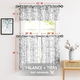 Treatmentex Grey Valance Curtain for Windows Leaf Print White Window Valances 52" by 15" Long 1 Panel