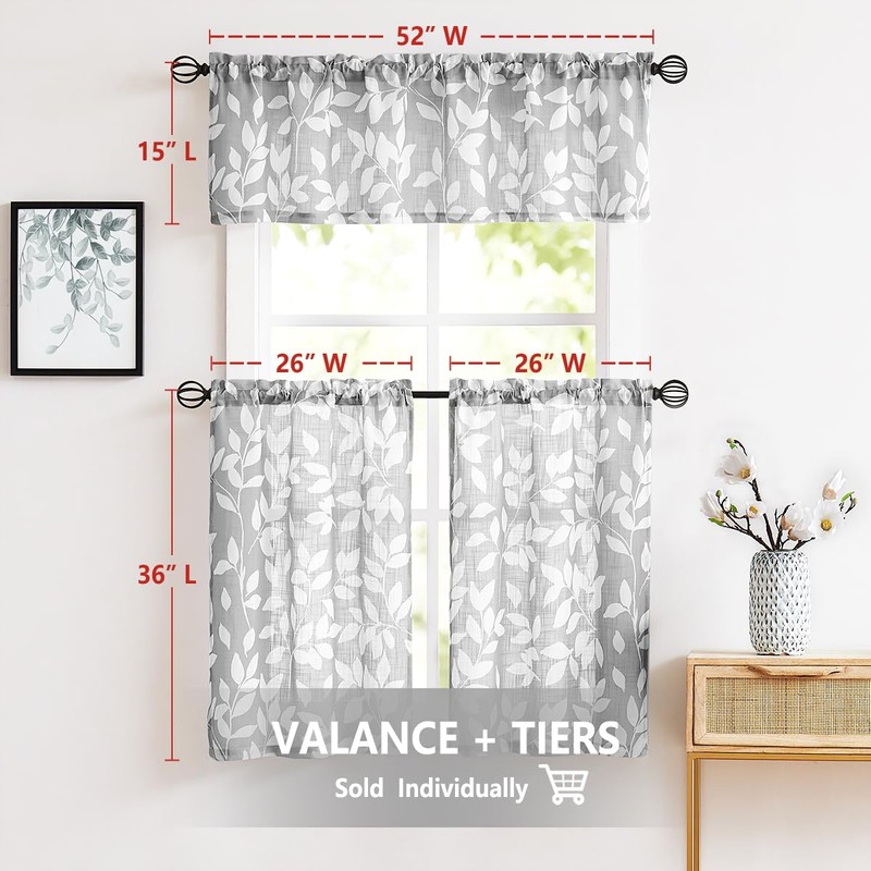 Treatmentex Grey Valance Curtain for Windows Leaf Print White Window