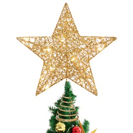 Christmas Tree Topper Star - Lighted Gold Glitter Tree Top Star Christmas Decorative Metal Star Xmas Tree Decorations Holiday Party Supplies - Gold