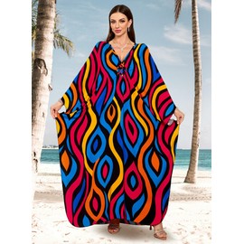 OHOXOE - Vestido de caftán para mujer, cuello en V, para traje de baño, ropa de descanso ligera Mumu y vestido caftán para el hogar, Geometría abstracta azul, One Size
