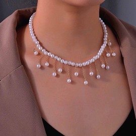 Cimenexe Bohemian Pearl Choker Necklace Round Teardrop Pearl Pendant Necklace Gold Pearl Tassel Collar Necklace Retro Pearl Chain Necklace Jewelry for Women