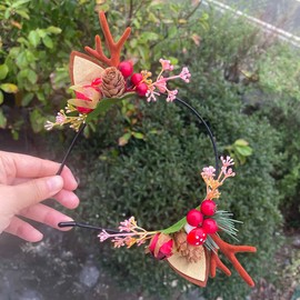 Carufin Christmas Antlers Hair Accessories Xmas Party Berry Flower Hair Hoop Headwear Hair Accessories for Women Girls (A)