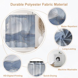 Ttincceer Gold Blue Marble Shower Curtain, Luxury Watercolor Texture Mix Color Bathroom Curtain, Dusty Blue Abstract Modern Ink Art Shower Curtain Set with 12 Hooks for Bathroom, 183x183cm