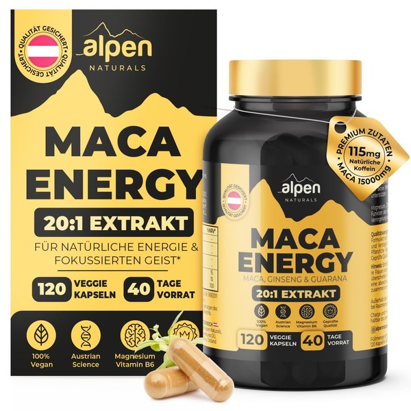 Maca Energy - High Dose 20:1 Maca Extract with Ginseng & Guarana, Enriched with Magnesium, Zinc & Vitamin B6 - Supports Energy, Wakefulness & Vitality - 120 Vegan Capsules