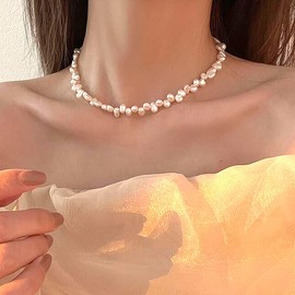 Simple Irregular Pearl Choker Necklace for Women,Small Baroque Pearls Beaded Statement Necklace for Prom Queen Party Aesthetic Jewelry Accessories (White)
