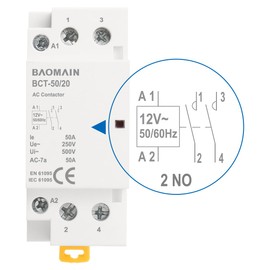 Baomain 12V AC 2-Pole Modular Contactor, 50A 2NO Normally Open, DIN Rail Mount for HVAC, Motor, Pump & Lighting Control BCT-50/20-12VAC