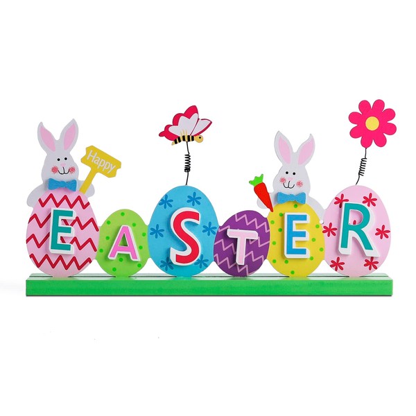 Easter Table Wooden Decor, Happy Easter Centerpiece with Colorful Bunny and Eggs Signs for Easter Holiday Home Tabletop Decoration
