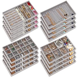 Tondiamo 16 Pcs Velvet Jewelry Drawer Organizer Trays Bulk 8.39 x 4.88 x 0.94 Inch Grey Stackable Jewelry Storage Inserts Set Tray Set with Removable Divider for Earrings Necklaces Bracelets