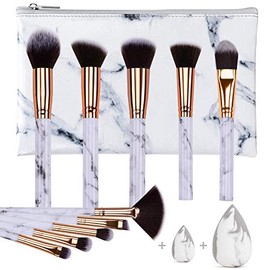 HEYMKGO Juego de brochas de maquillaje profesional de mármol, cerdas sintéticas naturales suaves y sin olor, 10 unidades  2 esponjas  bolsa de...     