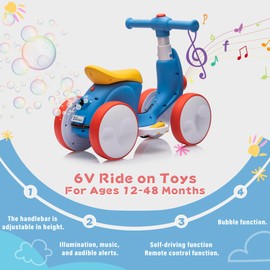 JoyRydz 6V Electric Baby Balance Bike with Bubble Machine,4 in 1 Toddler Balance Bike w/Remote for 1 Year Old Boys Girls Kids Bubble Bike Ride on Toys w/Powered Motor,Music,LED Lights (Blue&Red)