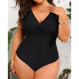 Aqua Eve Women Plus Size One Piece Swimsuits V Neck Tummy Control Bathing Suits Front Cross Swimwear, Black, 20 Plus