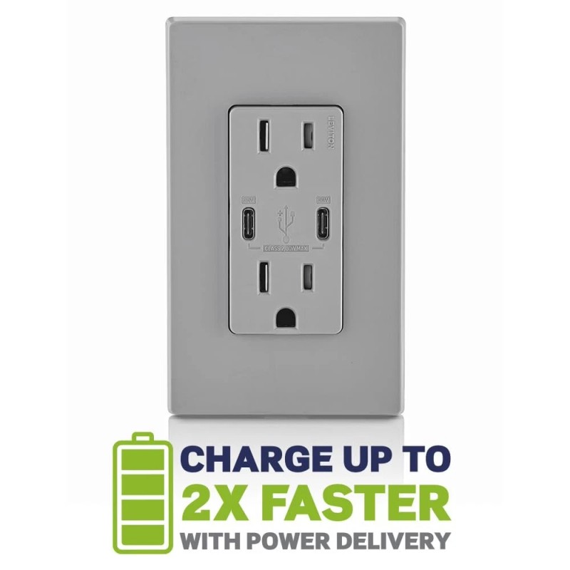 Leviton 15 Amp USB Type C In Wall Charger with