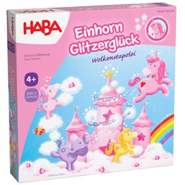 HABA Unicorn Glitter Happiness: Cloud Stacking Game - Stacking Game for Children with Unicorns, Wooden Clouds & 10 Glittering Cloud Crystals, from 4 Years - 2012232001